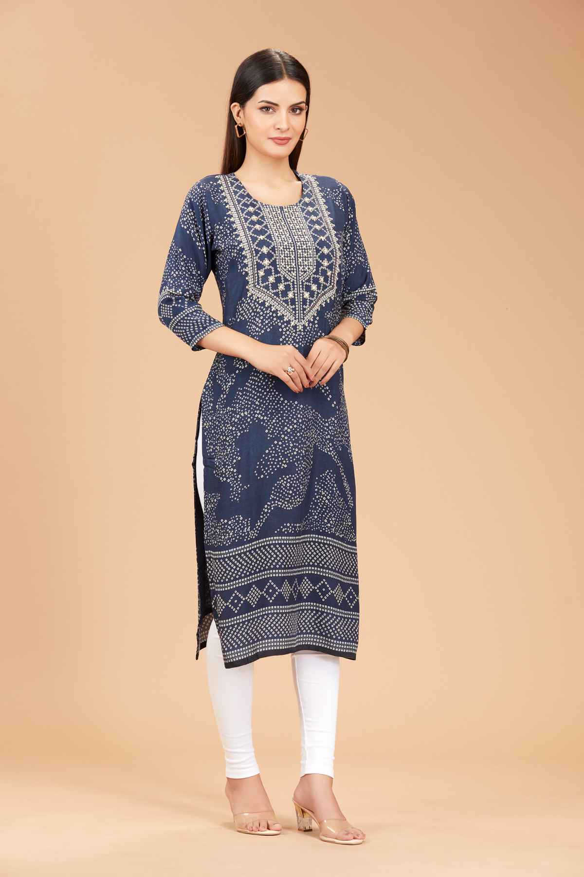 Navy Blue Printed Straight Kurti